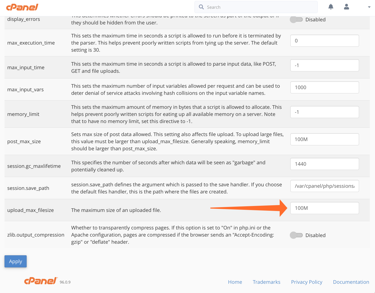 cPanel® via upload_max_filesize?
