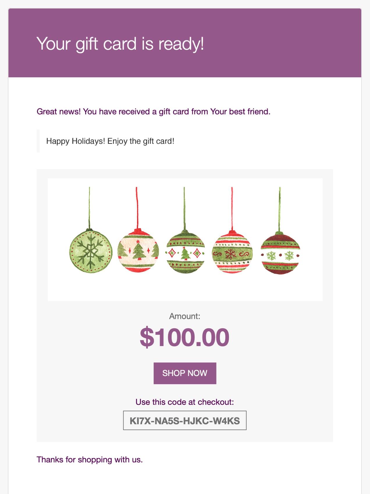 holiday gift card email confirmation