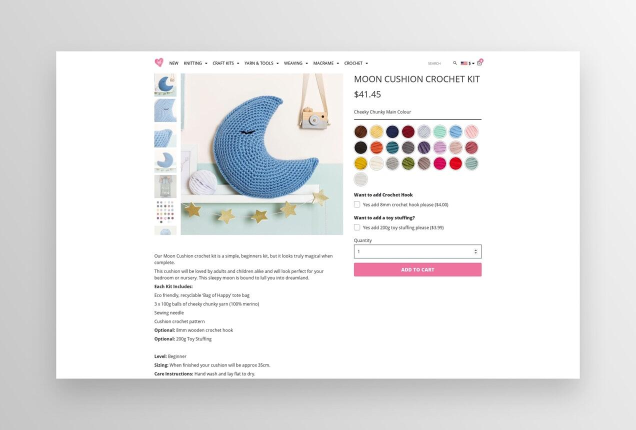 moon cushion crochet kit with extra options for colors, hooks, and stuffing