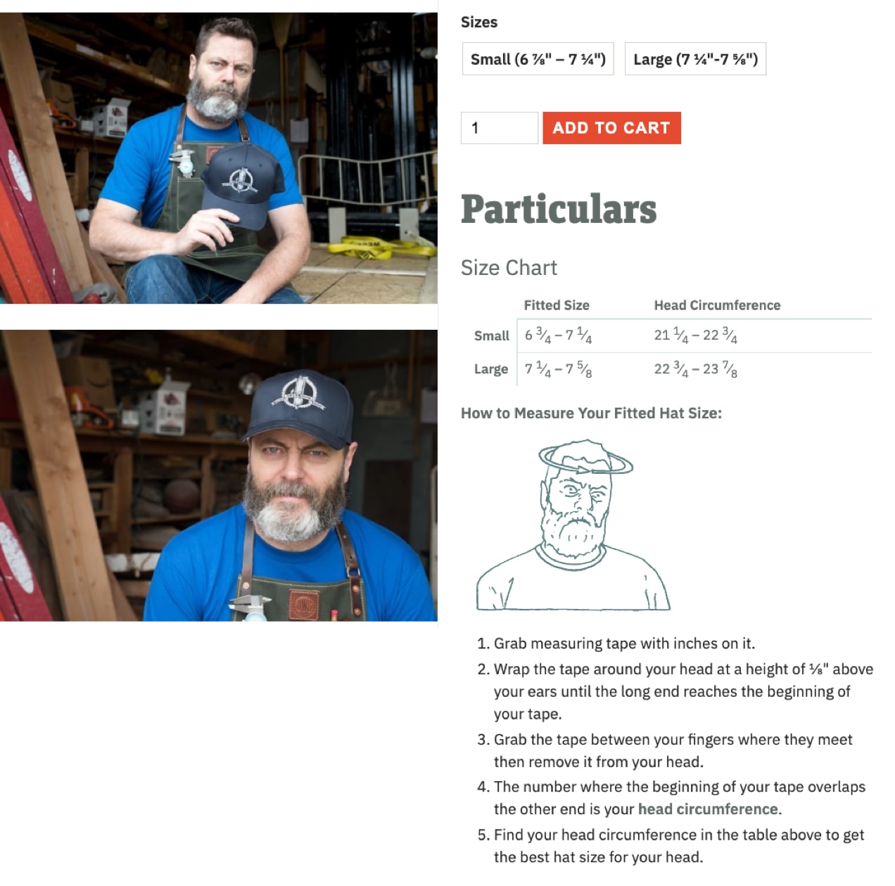 custom details like size charts added to a product page on Offerman Woodshop's site