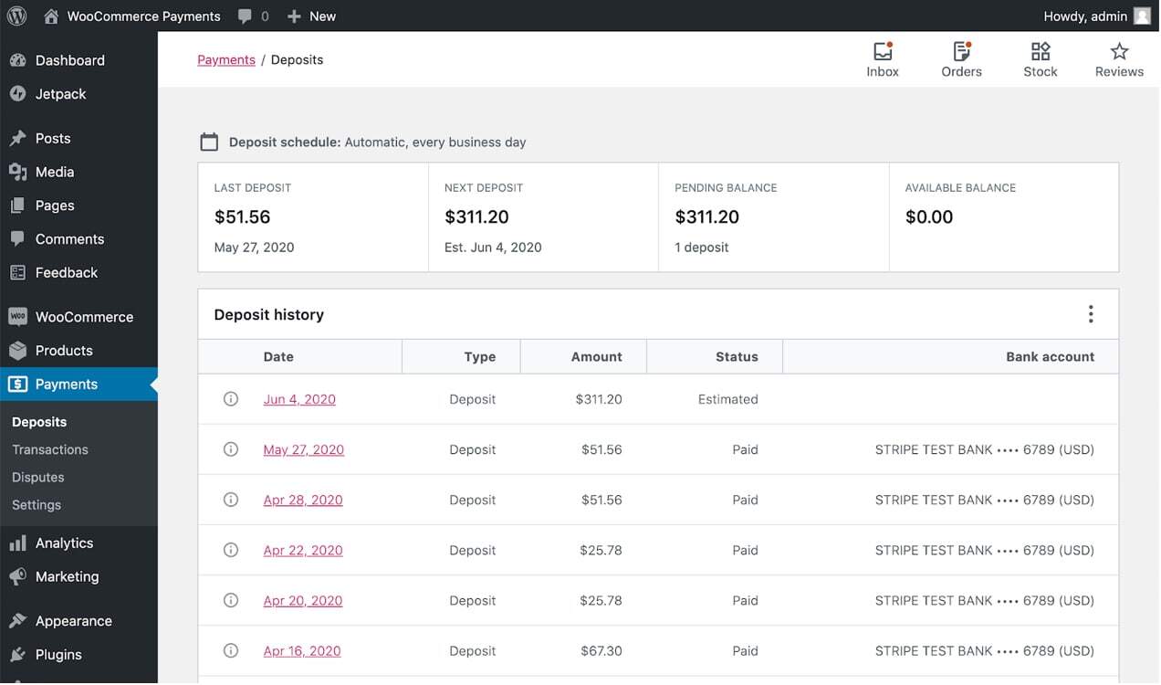 payments dashboard with WooCommerce payments