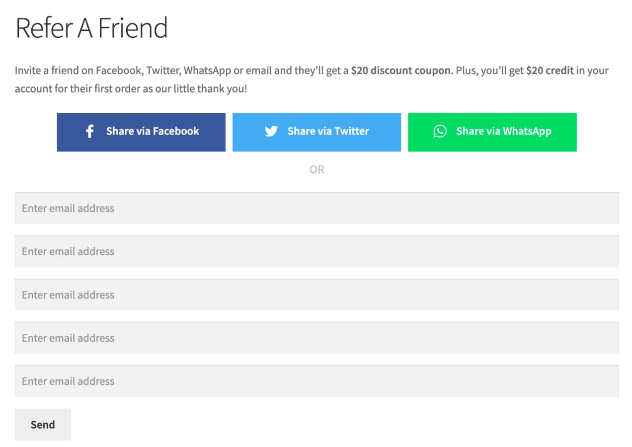 refer a friend page with options for social media and email
