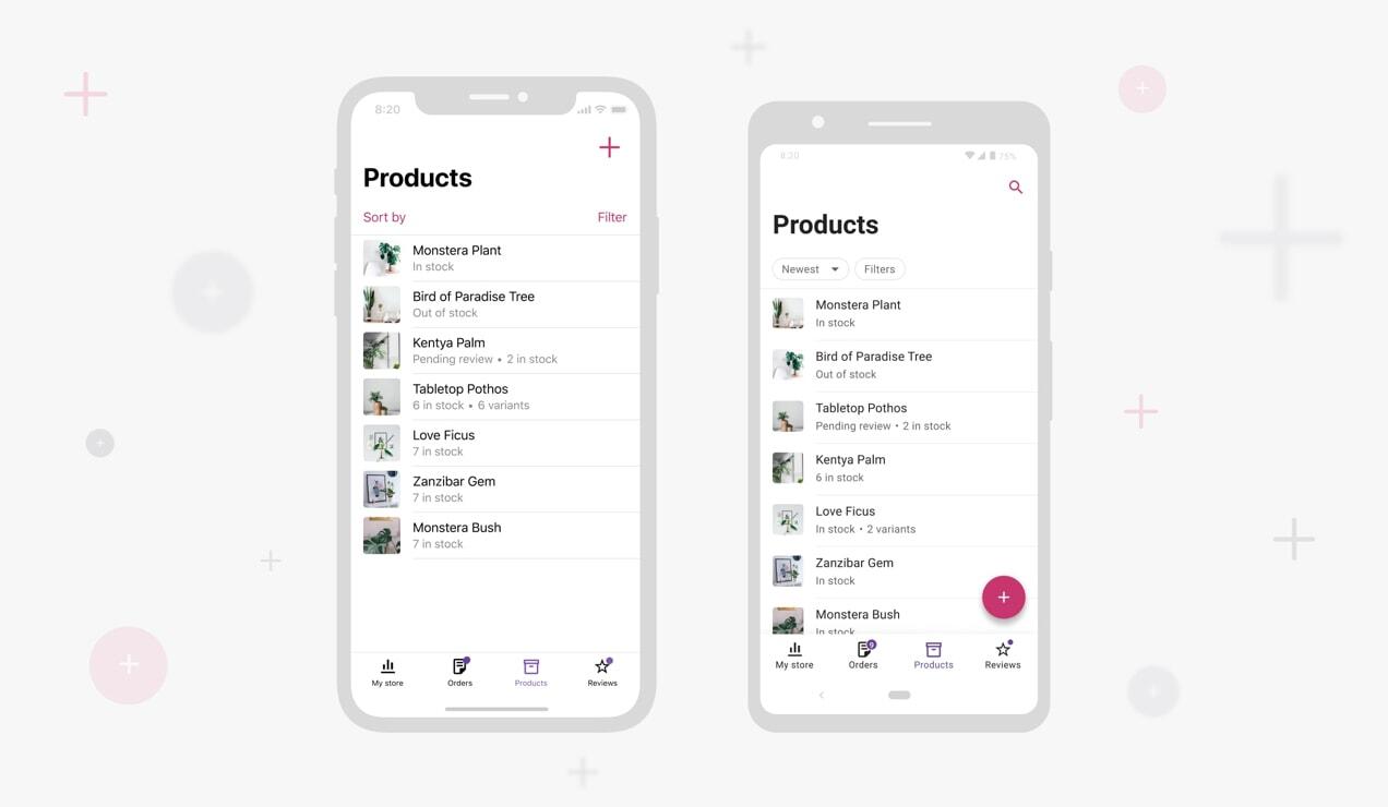 screenshots of adding products in the Woo mobile app