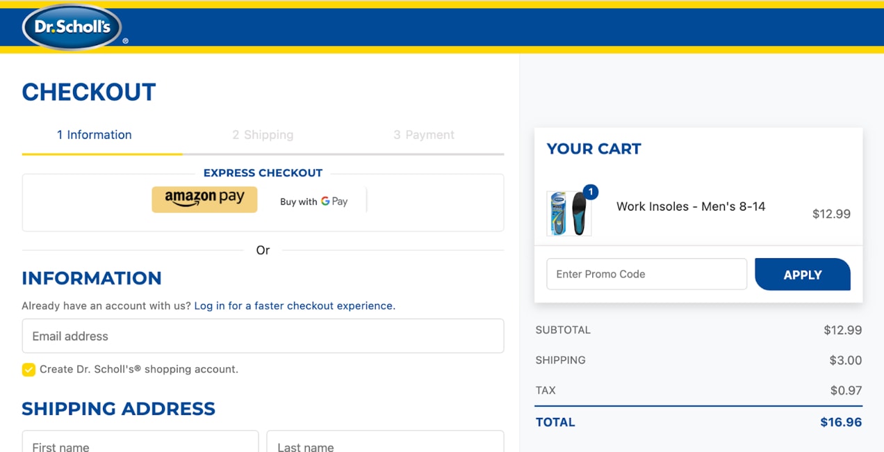 Example of a numbered multi-step checkout, free from distracting menus, search bars, or other links from Dr. Scholl’s.