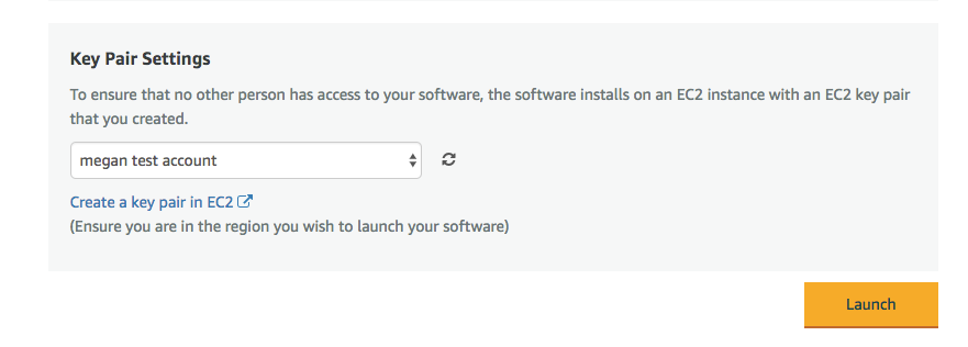 Screenshot of Key Pair Settings for installing cPanel on AWS
